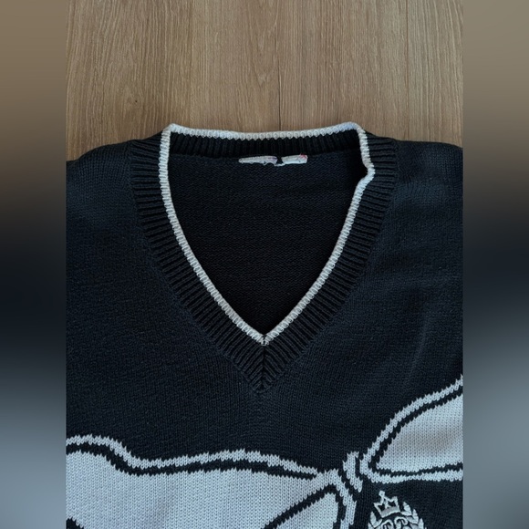 Vintage Black Knit Bow Sweater Holiday V Neck - Picture 4 of 5